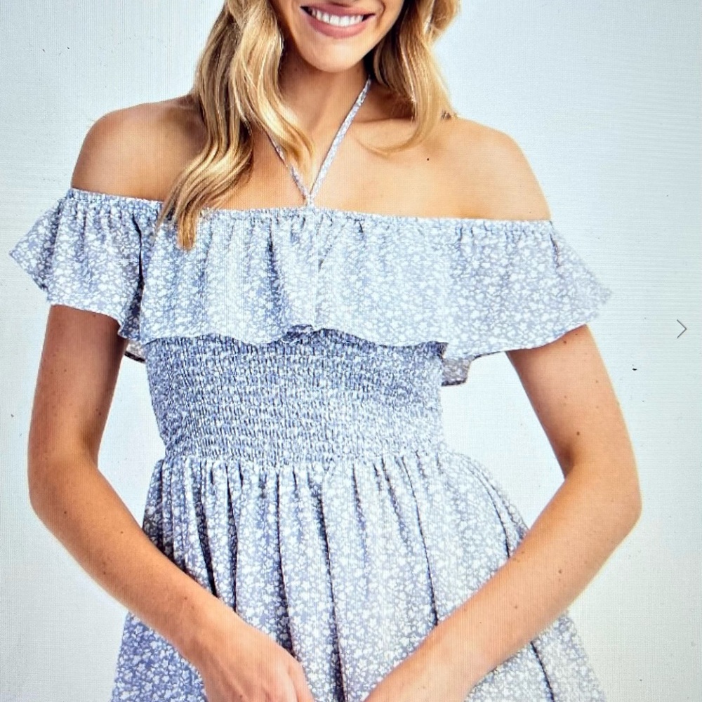 Easel Blue and White Smocked Ruffled Sleeveless Blouse - Picture 3 of 5